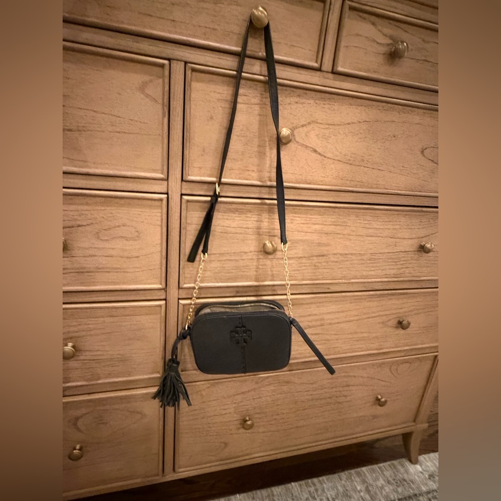Tory Burch Black Leather Crossbody with Tassel and Gold Chain